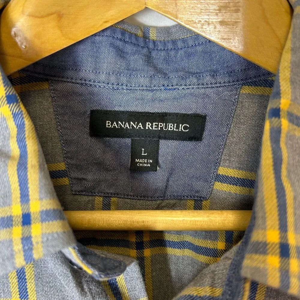 Banana Republic Men's Gray Yellow Blue Windowpane Plaid LS Flannel Shirt Size L